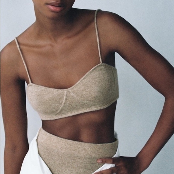 ZARA CASHMERE BRALETTE SWEATER TOP COZY ELEGANT LOUNGE NEUTRAL Oatmeal Tan L - Picture 3 of 5